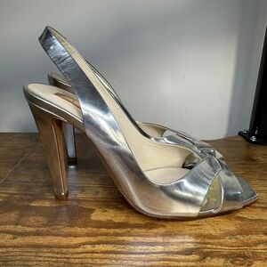 Rupert Sanderson Silver Metallic Leather Slingback Peep Toe Heels Pumps